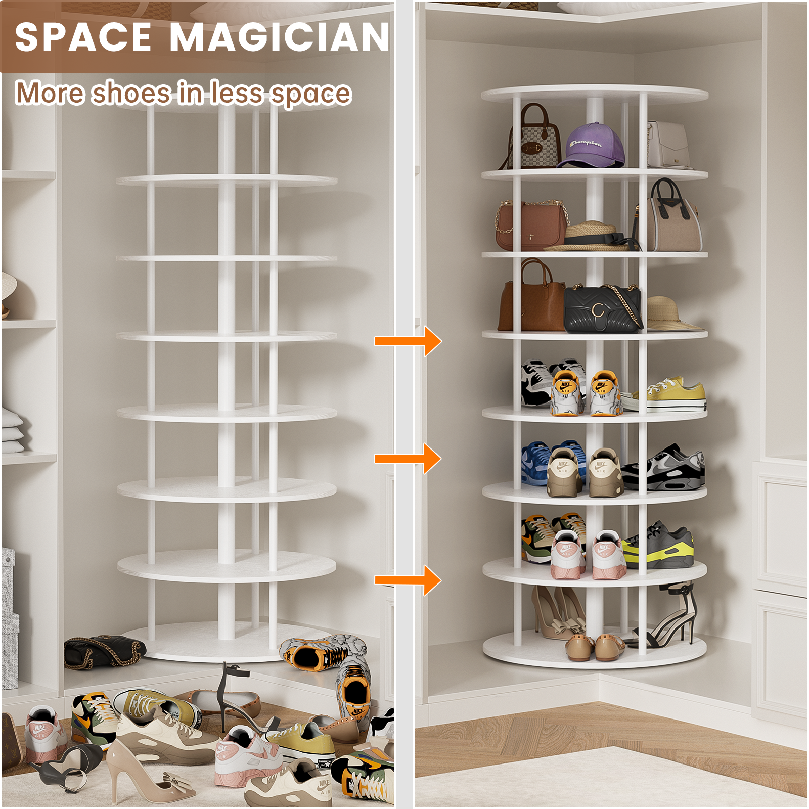 Flycity Rotating Shoe Rack Tower - 7 Tier White Shoe Rack