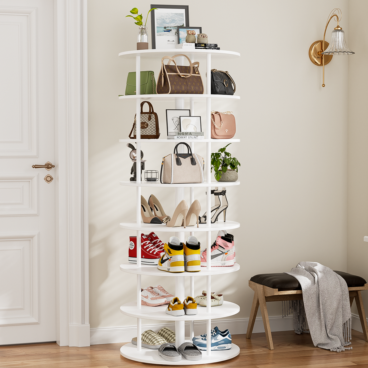 Flycity Rotating Shoe Rack Tower - 7 Tier White Shoe Rack